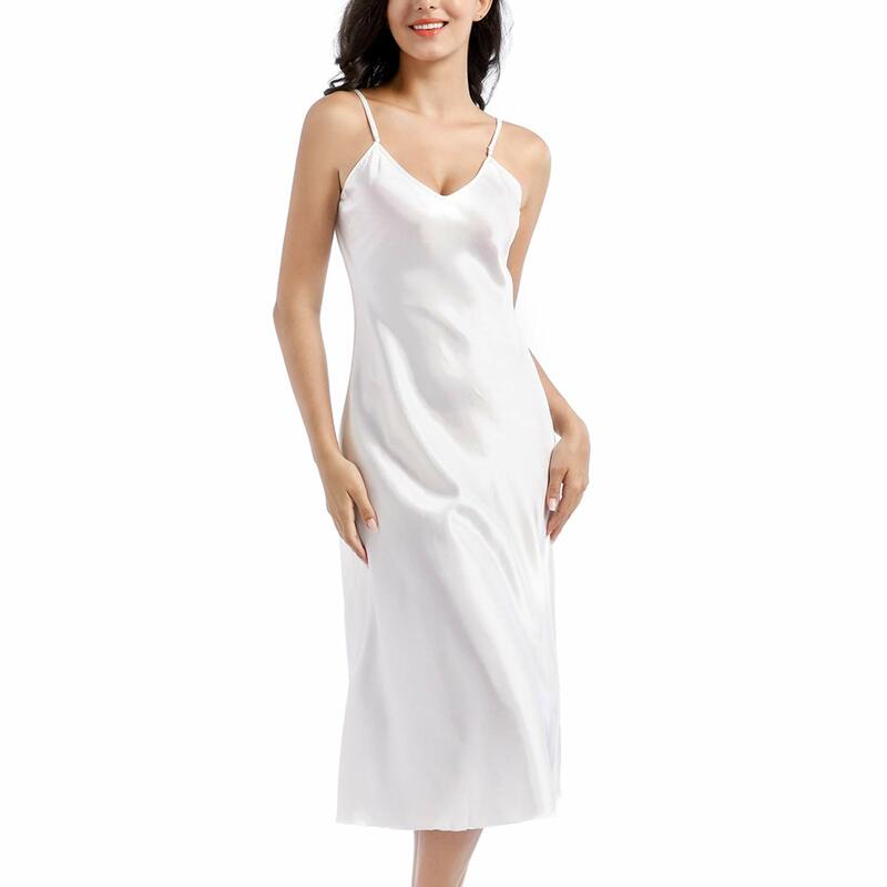 สตรีซาติน Nightgown ยาว Slip Sleep ชุดผ้าไหม V คอ Nightgowns สำหรับผู้หญิง