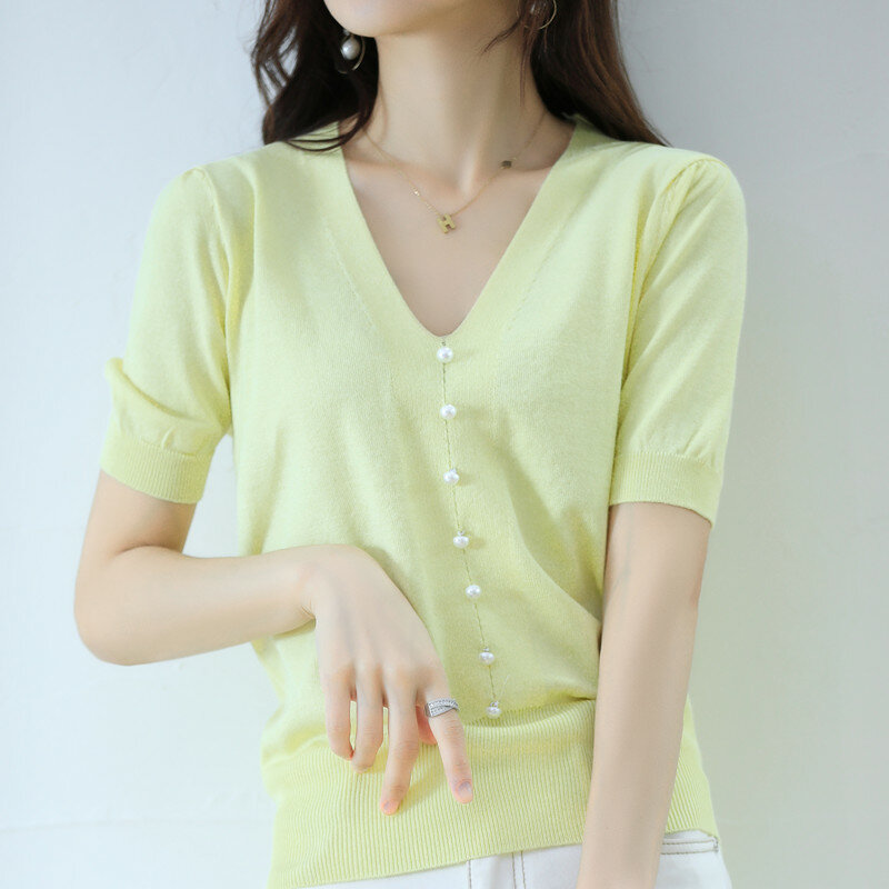 女性の半袖ニットセーター2022,柔らかく,気質,パールボタン,Vネック,韓国の夏のバージョン,トップの削減