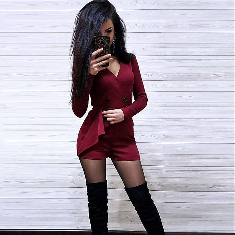 Combinaison rouge pour femmes, nouvelle collection 2022, Sexy, col en v, manches courtes, jambes larges, combinaisons d'été élégantes, barboteuse courte