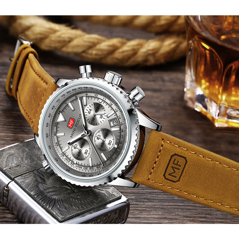 ミニフォーカストップブランドの高級クォーツは男性の防水スポーツメンズ腕時計軍事レザーストラップ часы мужские наручные