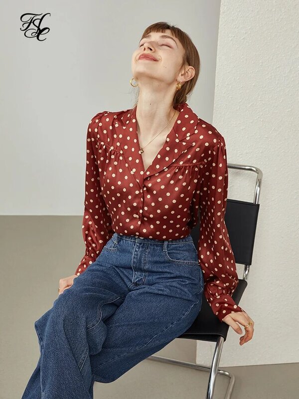 FSLE – chemise élégante en Satin pour femmes, haut Vintage, à pois, tempérament professionnel français, début d'automne