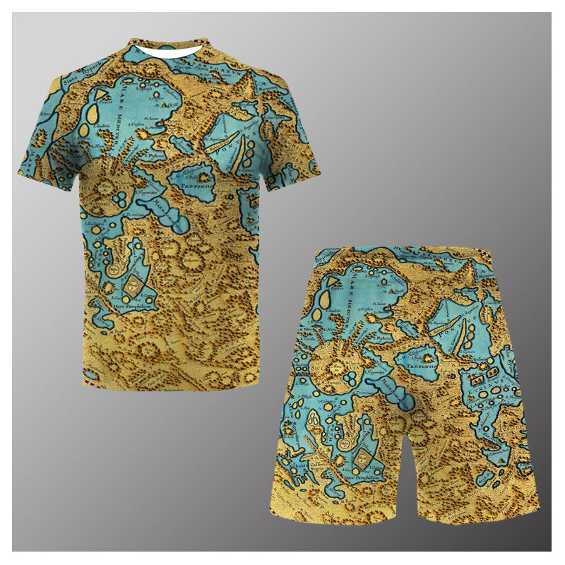 Men T Shirt Set Map 3D Print Tracksuit 2-Piece Suit for Summer Oversized Men's Clothing Harajuku Beach Shorts Sets Streetwear
