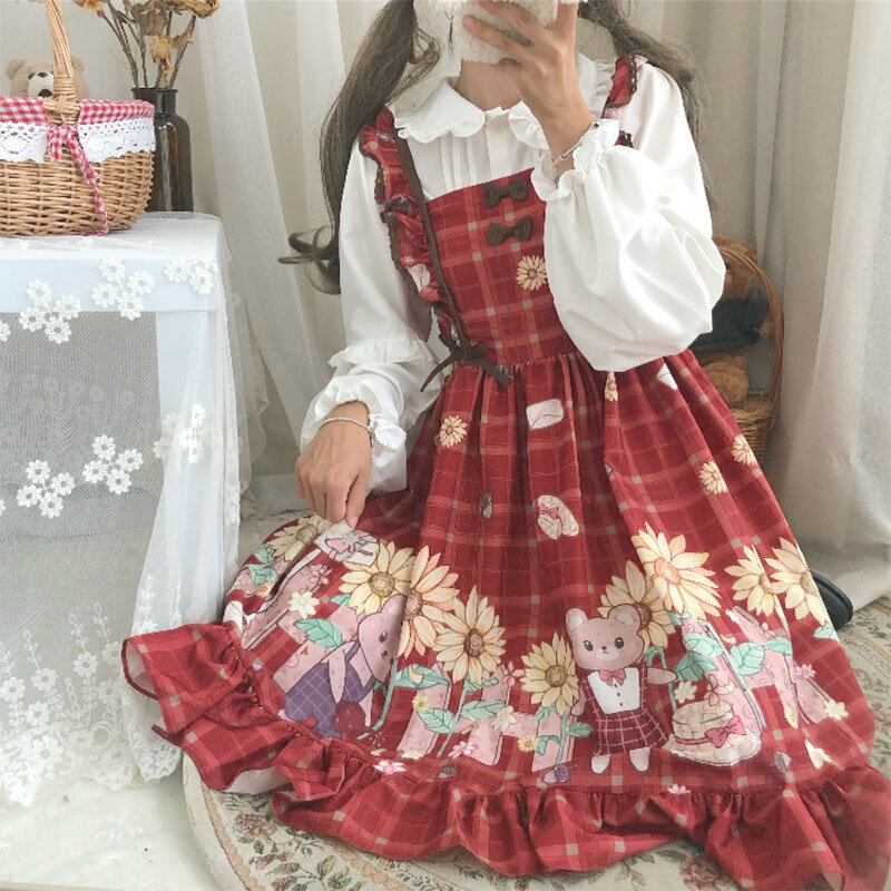 Kawaii Light Lolita dress Japanese Soft Girl Wind Cute Bear Girl Sling Sweet Sleeveless High Waist Dress