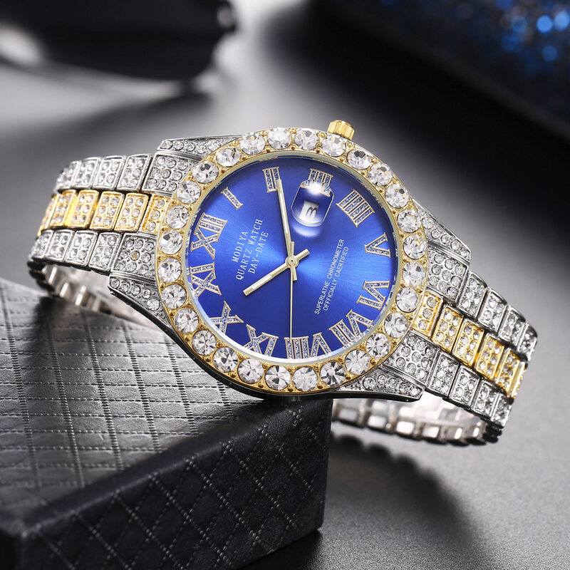 2022 Reloj Hombre Iced Out niebieski zegarek dla mężczyzn Bling AAA cyrkon diament kwarcowy męskie zegarki Hip Hop srebrny złoty Wriswtatch człowiek
