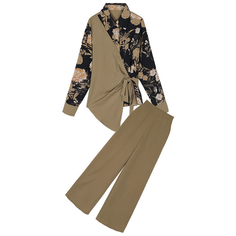 Elegante Set da 2 pezzi completo da donna moda camicetta stampata impiombata irregolare e vita elastica pantalone gamba larga Conjunto Femenino