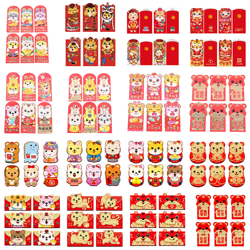 Красные конверты Hongbao в китайском стиле, 6 шт., карман для денег на удачу, 2022, новый год, тигр, весенний, праздничный, день рождения, подарочный ...