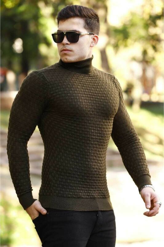 Suéter de cuello alto con patrón caqui para hombre, ropa de abrigo masculina