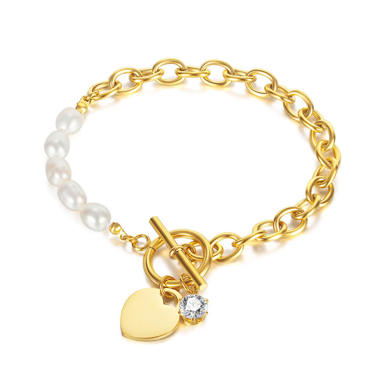 Euro American Ins Freshwater Pearl Jewelry Personalized Splicing Chain Stainless Steel Love Zircon OT Buckle Bracelet for Women