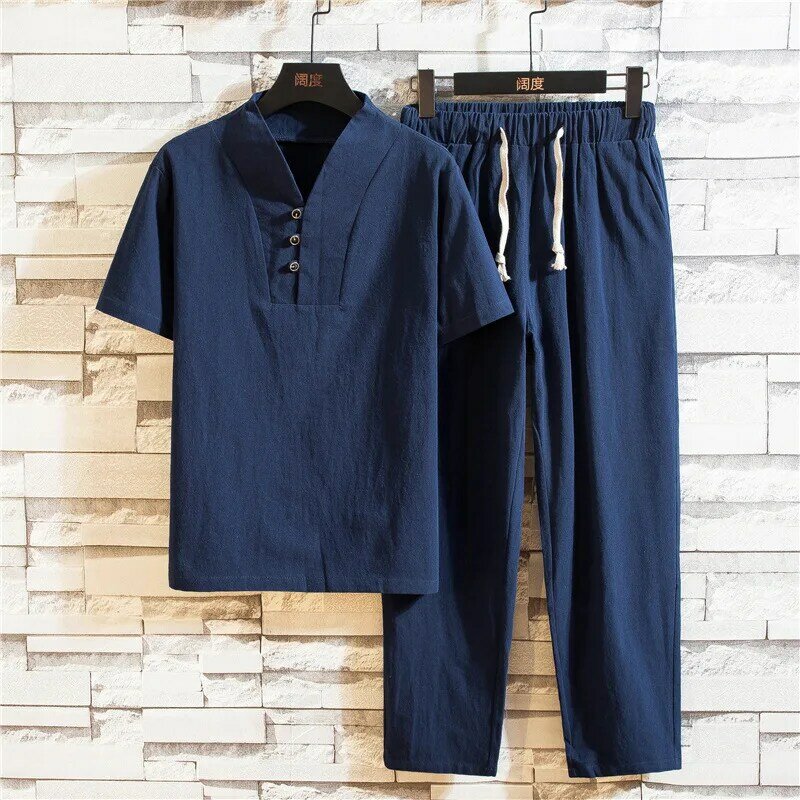 Summer Linen T-shirt men Suit summer linen T-shirt and pants Men Chinese style tees Short Sleeve Tang suit plus size 5XL