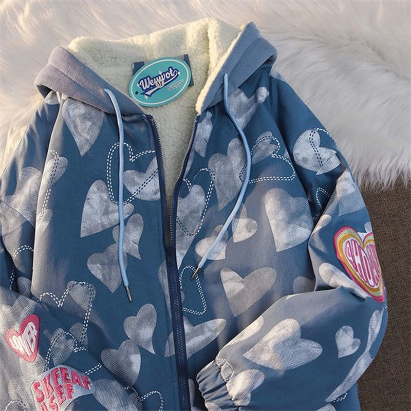러브 풀 프린트 디자인 센스 틈새 재킷 여성용, 루즈핏 올 매치 플러스 벨벳 패딩, 한국 패션, 2022 겨울 상품