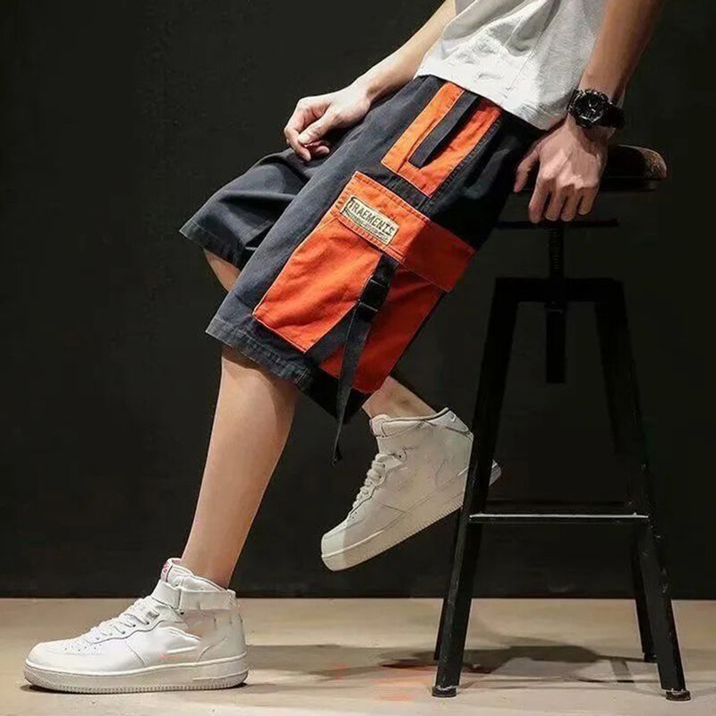 Esportes macacão de emenda contraste cor bolso calças de perna larga moda masculina rua hip-hop casual calções retos de cintura alta