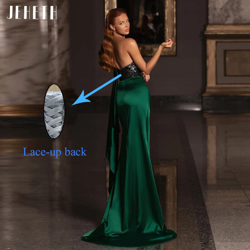 JEHETH-vestido de noche de satén, Sexy, negro, lentejuelas, escote en forma de corazón, un hombro, verde esmeralda, lateral, fiesta de graduación, largo, 2022