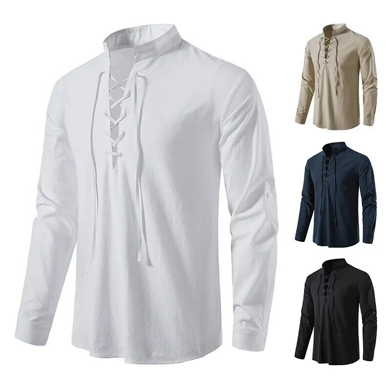 2023 nova masculina casual blusa de algodão camisa de linho topos manga longa camiseta primavera outono inclinada placket camisas yoga vintage