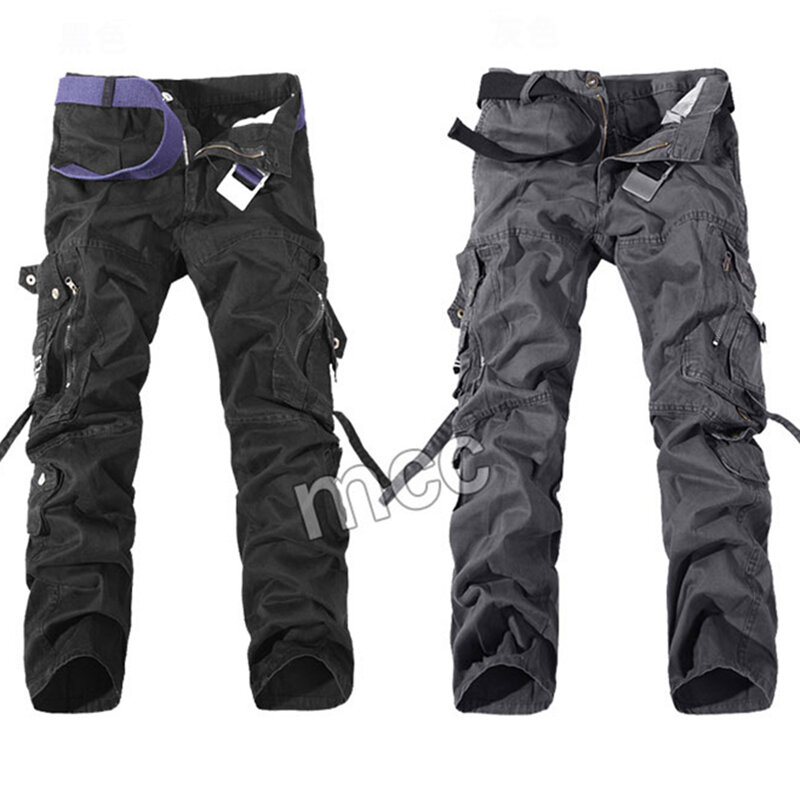 Calças táticas militares masculinas multi-bolso lavadas macacão masculino calças de algodão soltas calças de carga masculina, tamanho 28-42