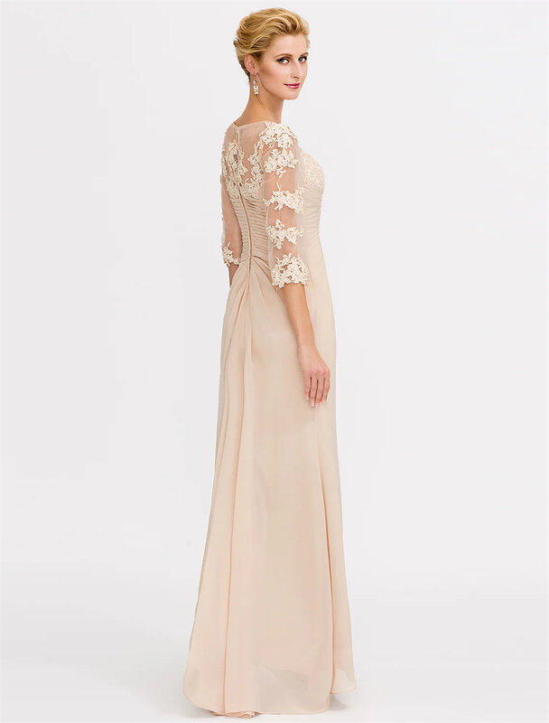 Sheath Column Mother of the Bride Dress Elegant See Through V Neck Floor Length Chiffon Sheer Lace Half Sleeve with Appliques