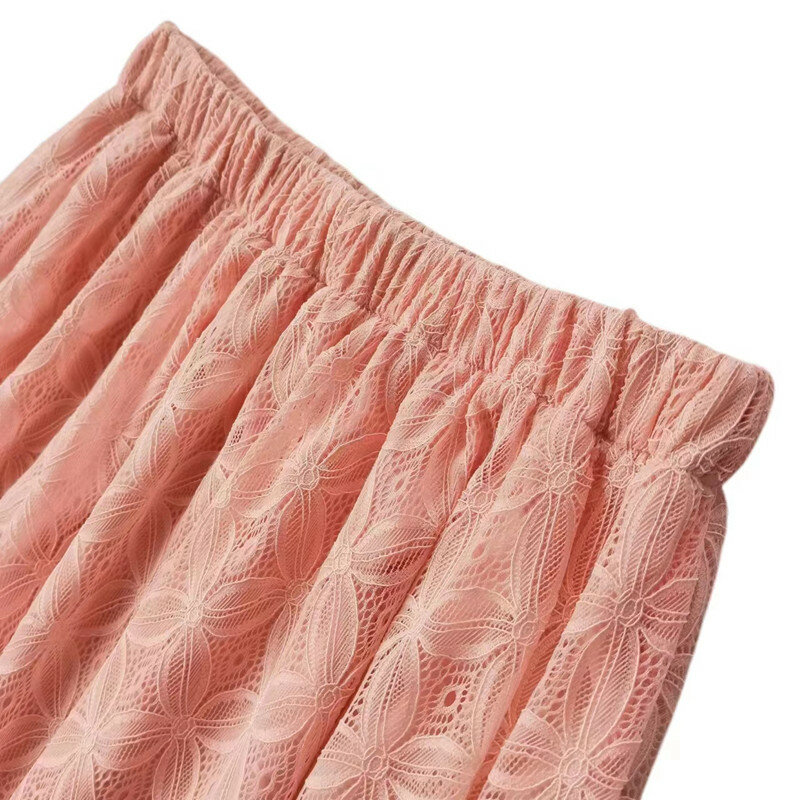 النسخة الكورية الحلو عالية الخصر هوك زهرة جوفاء من الدانتيل مرونة الخصر نصف تنورة الدانتيل نصف تنورة الوردي فتاة تنورة