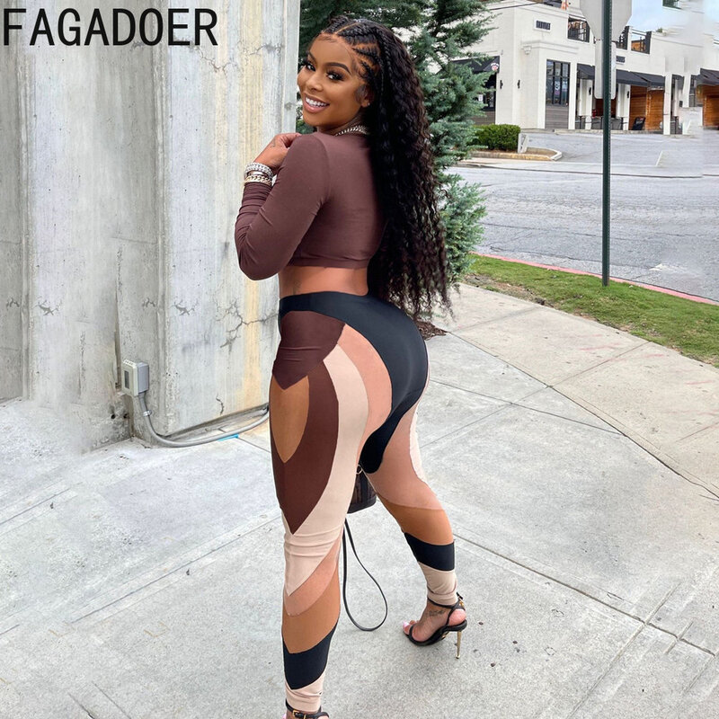 FAGADOER 패션 스트리트 Tracksuits 여성 슬림 긴 소매 작물 상단 및 인쇄 Legging 바지 두 조각 세트 여성 캐주얼 의상