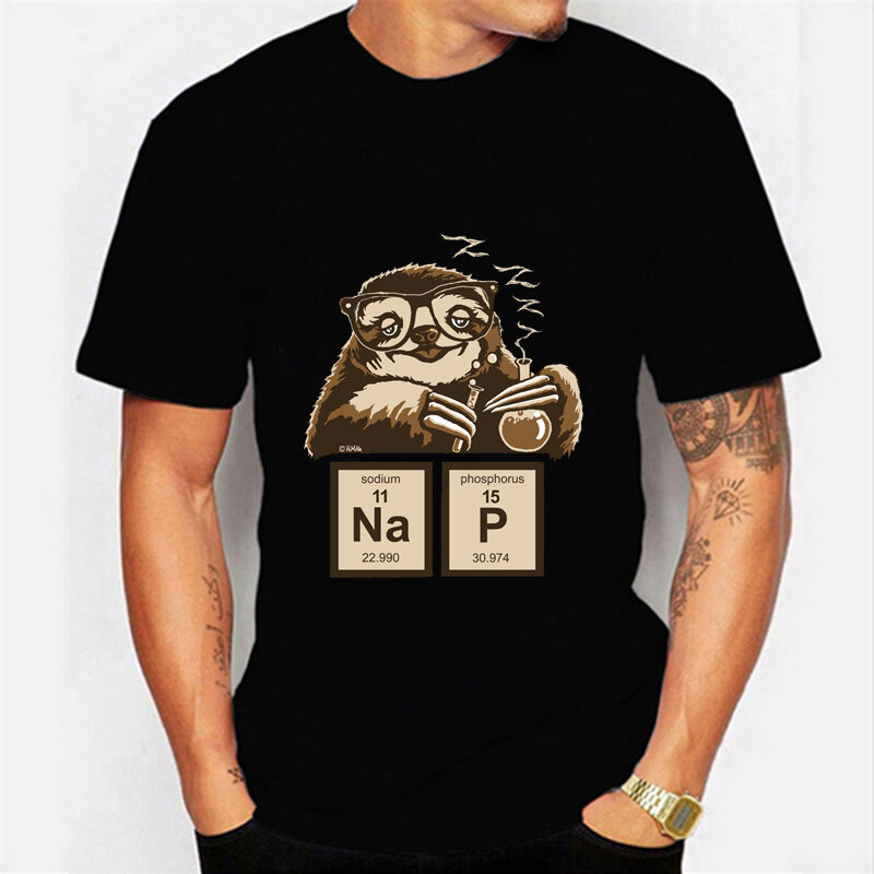 Química sloth descoberto nap impressão t camisas para homens roupas de manga curta t camisa masculina novidade camisa de grandes dimensões tshirt topos