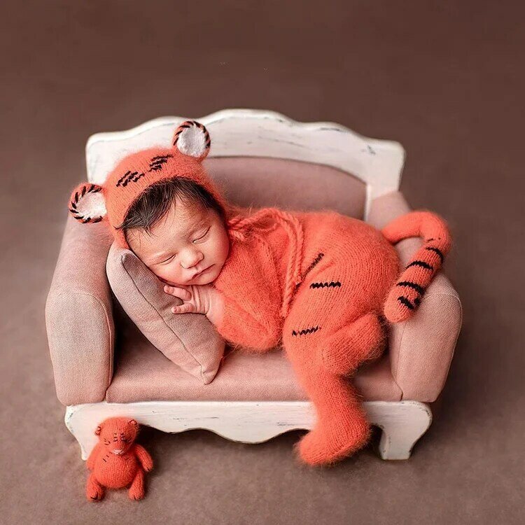 0-1เดือนทารกแรกเกิดการถ่ายภาพ Props เด็กสาวถัก Romper Bodysuits โครเชต์ Tiger รูปถ่ายเสื้อผ้าอุปกรณ์เสริม