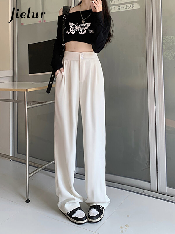 Jielur-pantalones de traje holgados para mujer, pantalón de pierna ancha con dos botones, sencillo, negro, albaricoque, informal, coreano, novedad de otoño, S-4XL