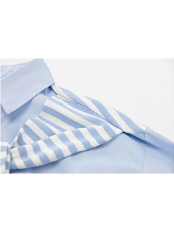 Xale listrado azul manga longa camisa feminina primavera e outono novo design simples sentido empilhamento falso blusa de duas peças blusa feminina