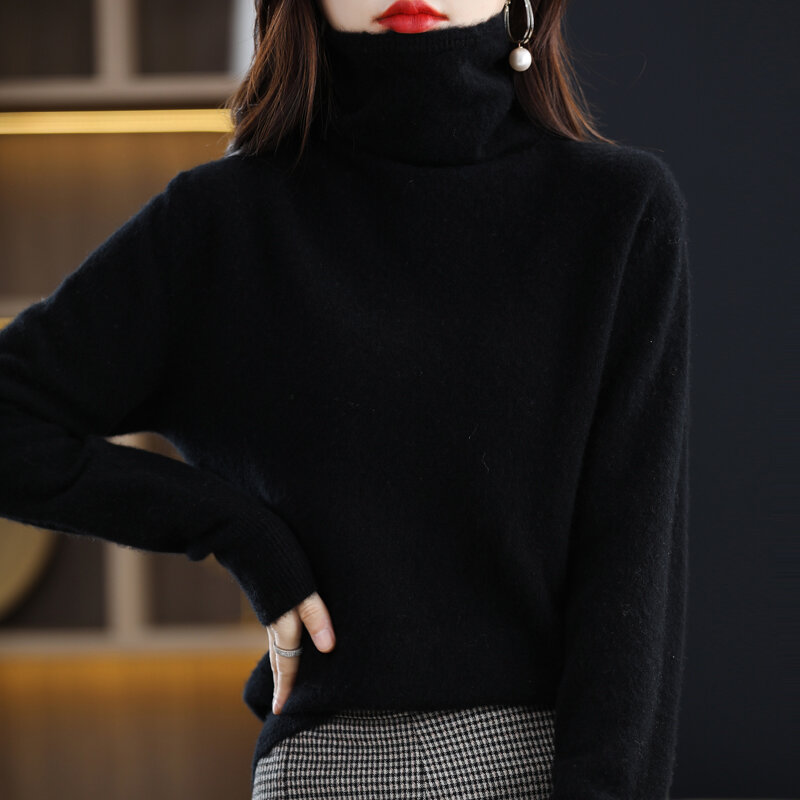 Новый осенне-зимний свитер с ворсовым воротником, Женский бесшовный модный свитер первой линии, Свободный вязаный свитер с подкладкой из 100% шерсти