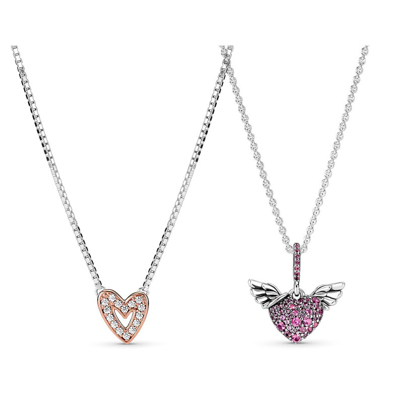 Authentic 925 Sterling Silver Pave Heart & Angel Wings Freehand Heart Necklace For Women Bead Charm Diy Fashion Jewelry