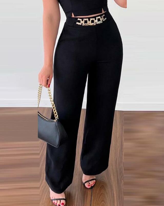 Zomer Tow Stuk Set Voor Vrouwen Outfit 2023 Plain Casual Mouwloze V-hals Crop Top & Dames Chain Decor Hoge Taille broek Set