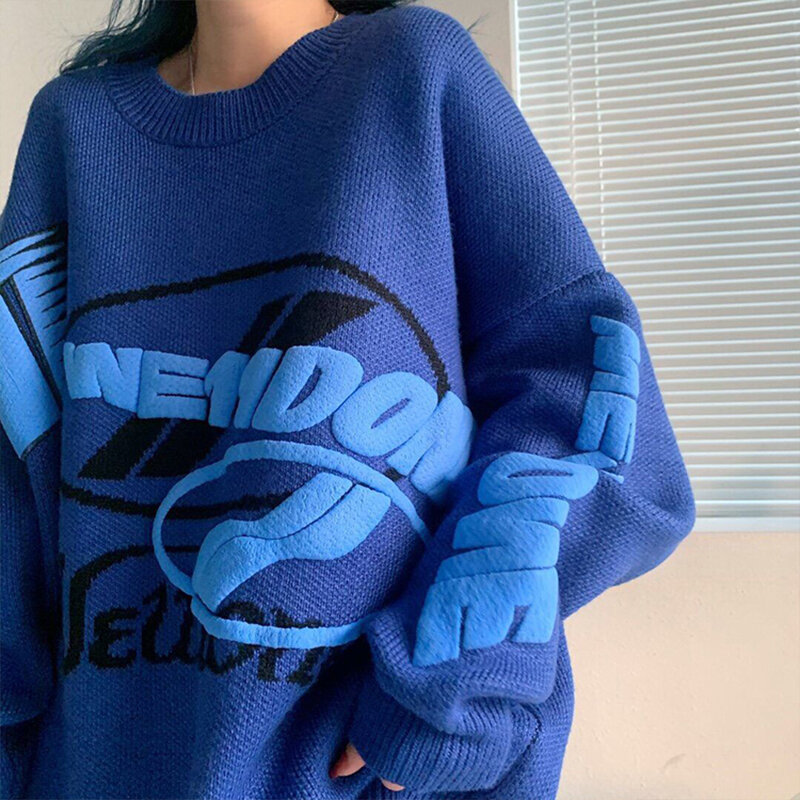Women Klein Blue Knitting Sweater Round Neck Letter Printing Long Sleeves Casual Vintage Fashion Baggy Ladies Tops Autumn