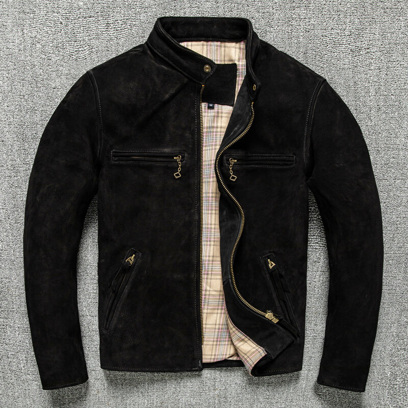 Nieuwe Collectie Zwart Suede Lederen Jas Vintage Koe Huid Slim Leather Jacket Voor Mannen