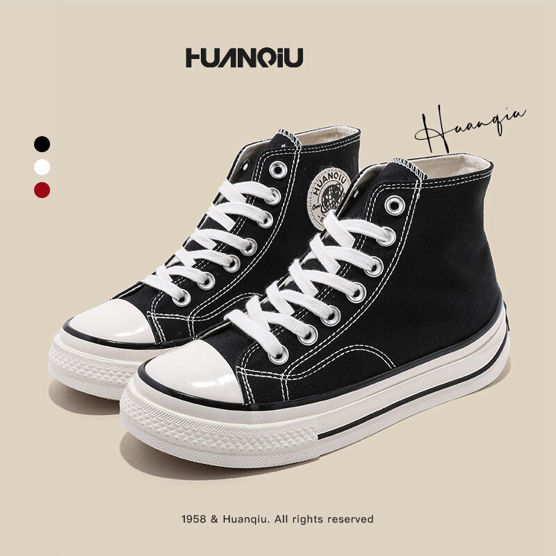 HUANQIU ฤดูร้อน2022ใหม่ Niche Retro สูงรองเท้าผ้าใบด้านบนลำลองสไตล์พอร์ตขนาดเล็กสีขาวรองเท้าใส่เดินรอง...