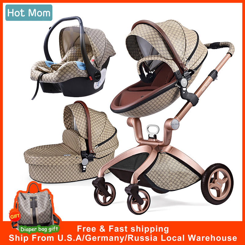 Hot Mom Carrinho De Bebê 3 em 1 Reversível Couro PU Pram De Luxo, Assento, Berço e assento de Carro Baby Carriage-F22