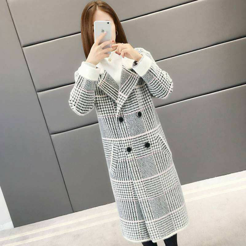 한국 패션 모조 밍크 코트 여성용 스웨터 가디건, 긴 2022 가을 겨울 두꺼운 느슨한 밍크 격자 무늬 양면 코트
