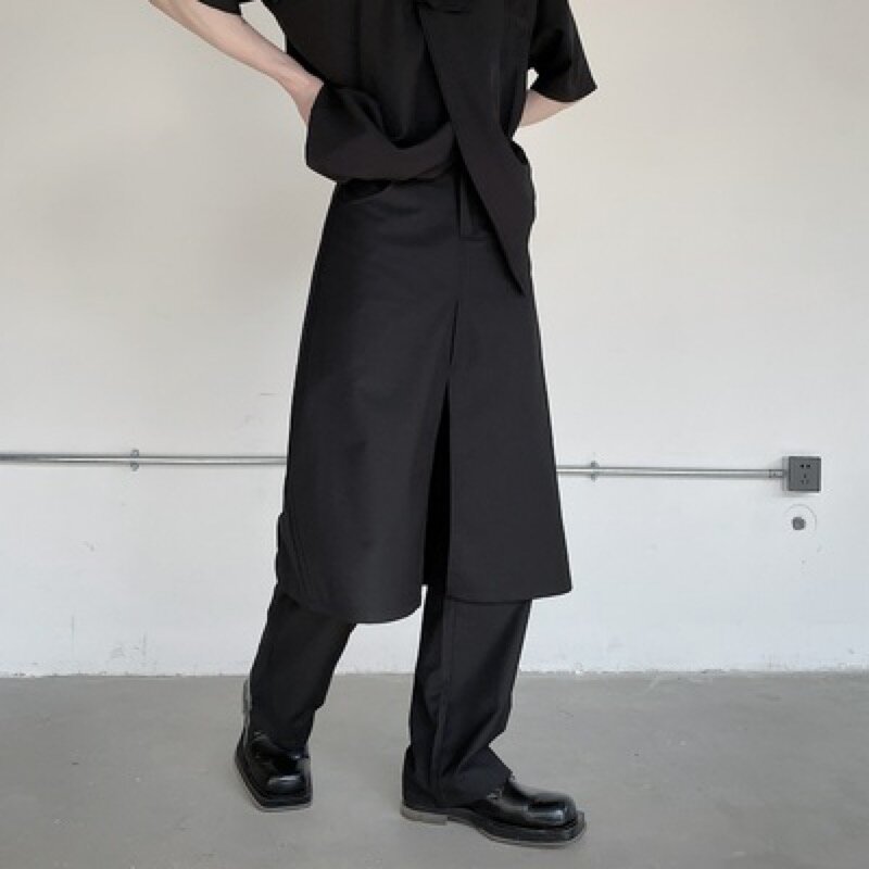 Pantalones Retro de doble capa para hombre, estilo gótico, negro, Color sólido, falso, 2 piezas, Japón, juvenil, con personalidad