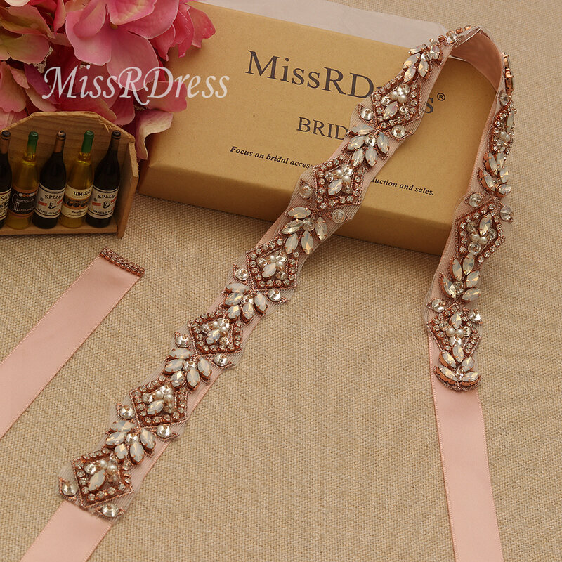 MissRDress-Cinturón de boda con diamantes de imitación, cinturón nupcial con cuentas de cristal de oro rosa, faja nupcial para accesorios de boda, JK912