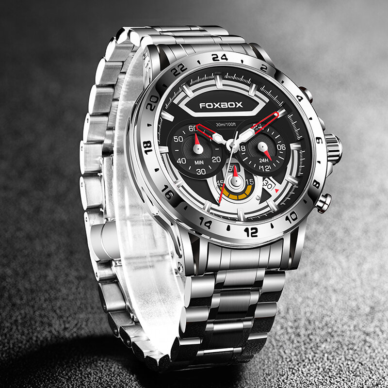 Luik Casual Sport Chronograph Horloges Rvs Horloge Grote Wijzerplaat Quartz Klok Voor Mannen Waterdicht Reloj Hombres