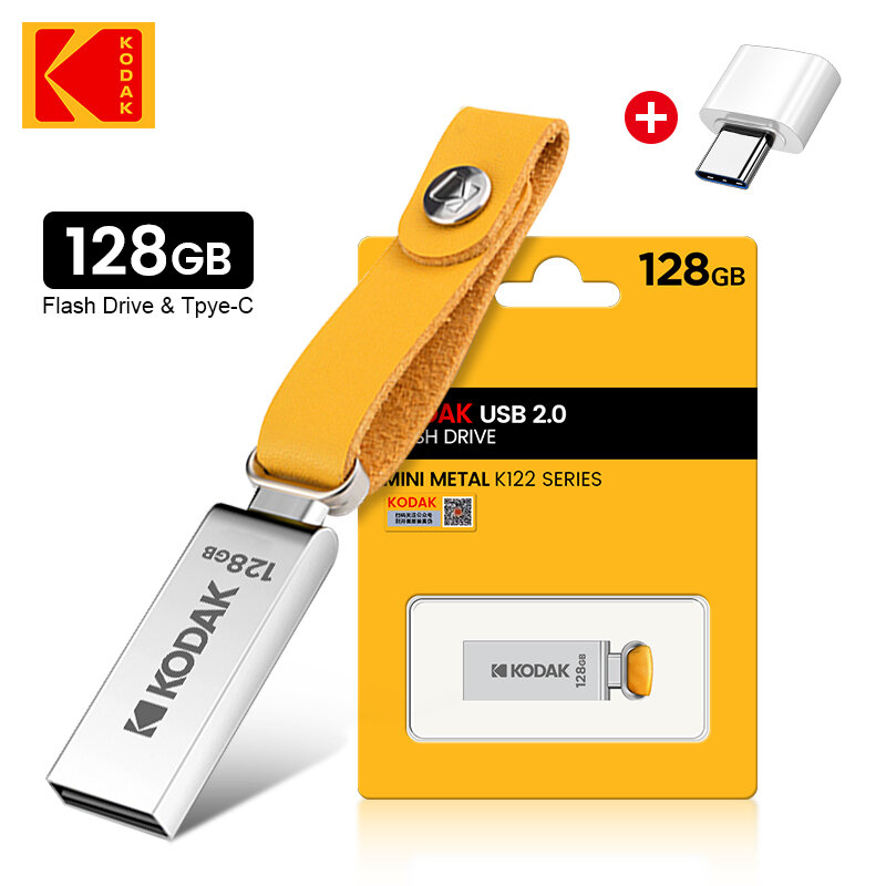 Kodak Usb 2.0 Flash Drive H2testw 32Gb 64Gb 128Gb Pendrive Waterdicht Memory Stick Lederen Landyard Metalen U schijf + Type-C Reader