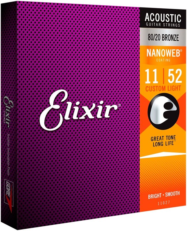 Elixir Nanoweb 11027 Lapisan 80/20 Perunggu Gitar Akustik String Kustom Cahaya 011-052