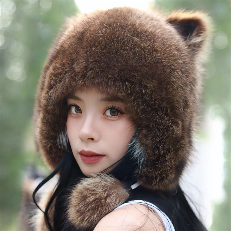 Senhoras 100% real pele de guaxinim chapéu de inverno quente russo real pele de guaxinim bombardeiro chapéus com as aletas da orelha para as mulheres genuínas tampas de pele real