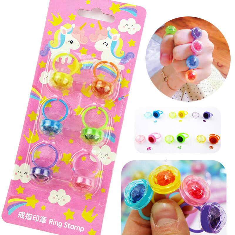6 pçs auto inking selagem menina favores anéis de diamante almofada tinta dos desenhos animados anel selos engraçado brinquedo recompensa crianças