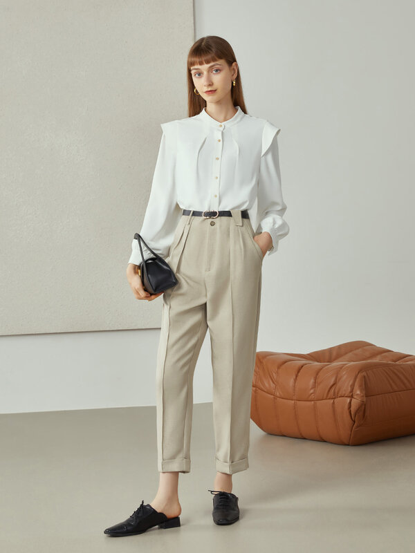 FSLE Office Lady White Retro Flying Sleeve Shirt Female New Autumn 2021 Long-sleeved Stand-up Collar Design Shirt