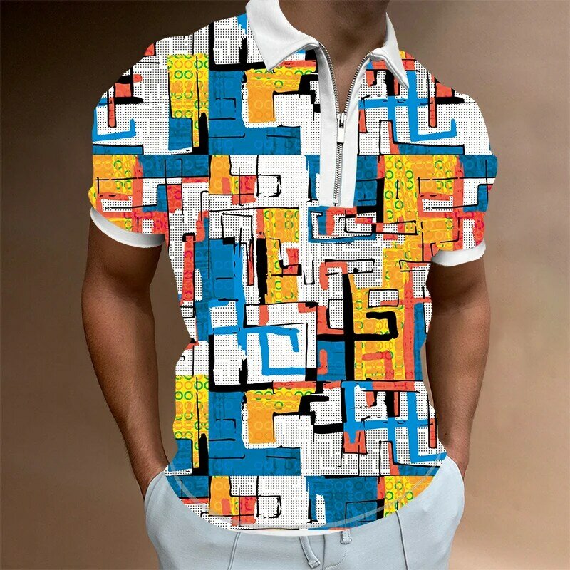 2022 verão moda masculina nova camisa polo retro casual negócios com zíper de manga curta topos 3d impresso camisetas