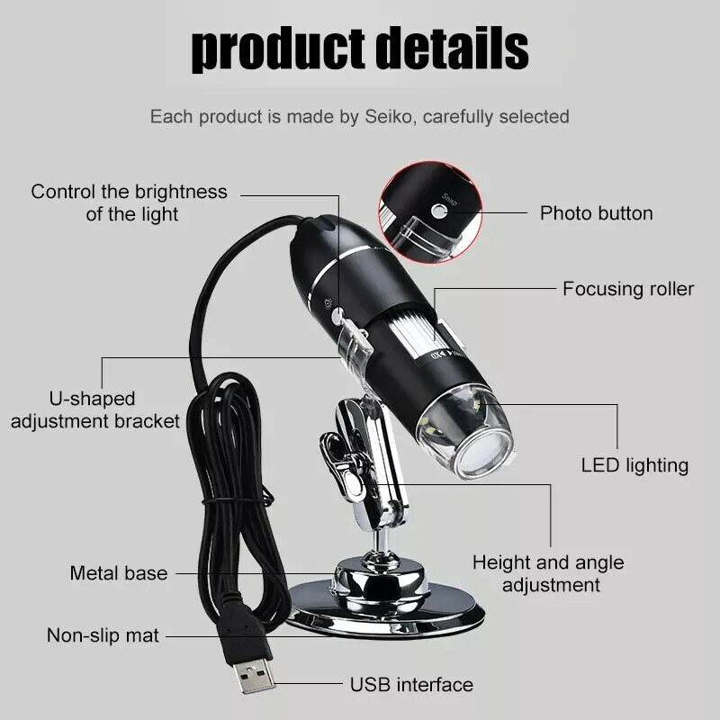 Microscope numérique USB 1600X 1080P réglable, caméra électronique stéréo USB Endoscope 8 LED loupe Microscope avec support