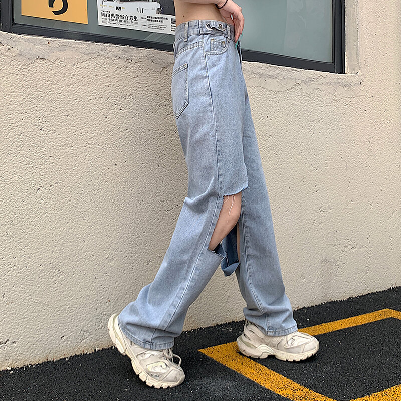Vaqueros Harajuku con cintura ajustable, jeans holgados de pierna ancha, Retro, con agujeros rotos, informales y rectos, otoño de 2022