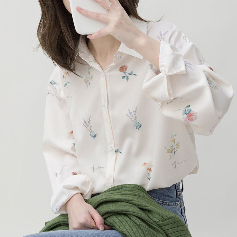 Chemisier blanc à imprimé de fleurs pour femmes, chemisier à boutonnage simple, manches longues, col rabattu, chemise coréenne en mousseline de soie