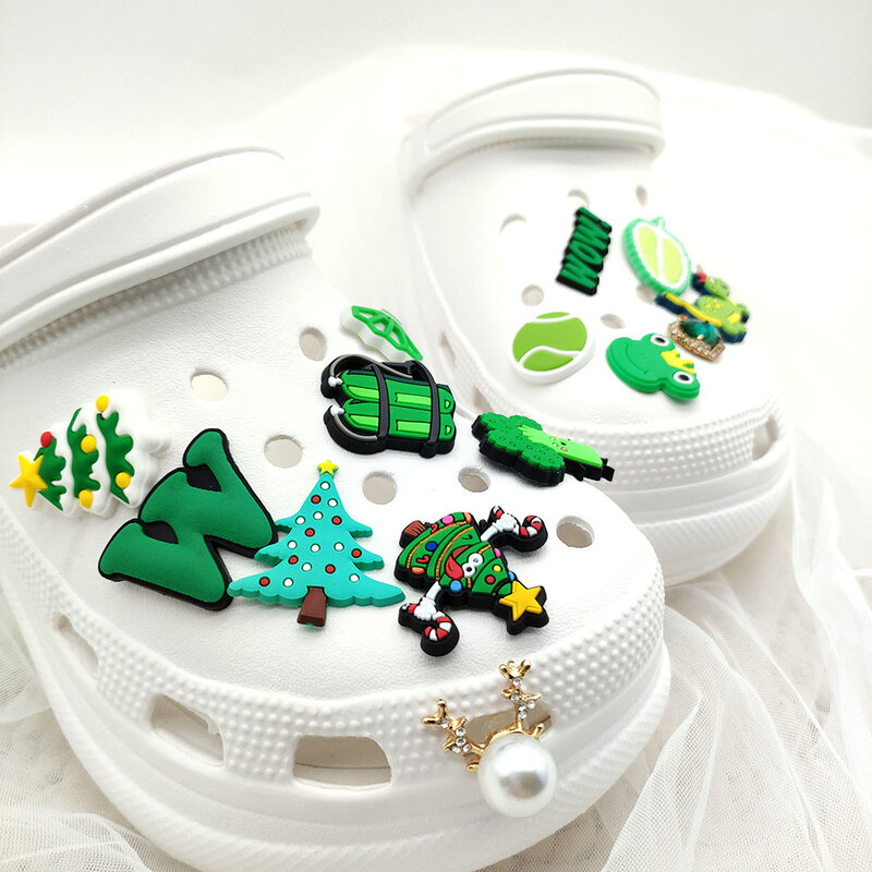 Hot Sale 1-14pcs PVC Shoe Charms Green tree frog dinosaur Shoe Accessories DIY Shoe Decorations For Croc Charms Jibz Kids X-mas