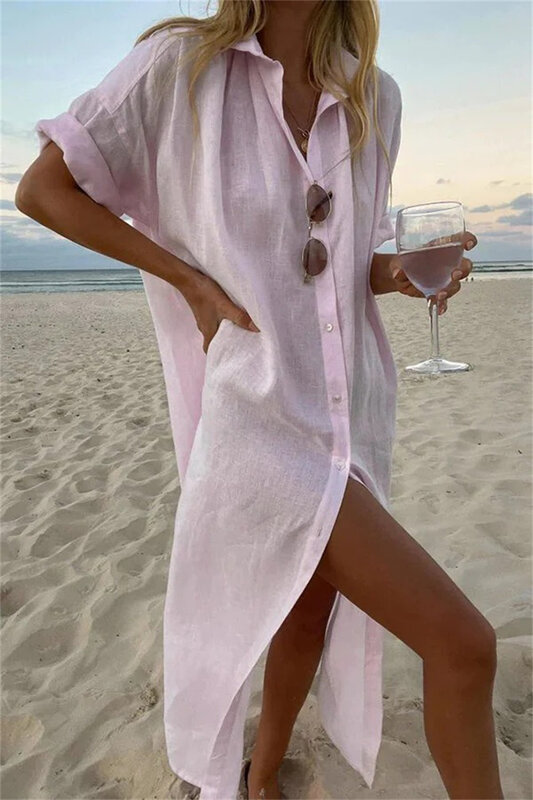 Robe de plage mi-longue fendue en coton et lin pour femmes, boutons à revers, couverture de bikini, chemise décontractée, robe de soirée élégante, document monochrome, été 2023