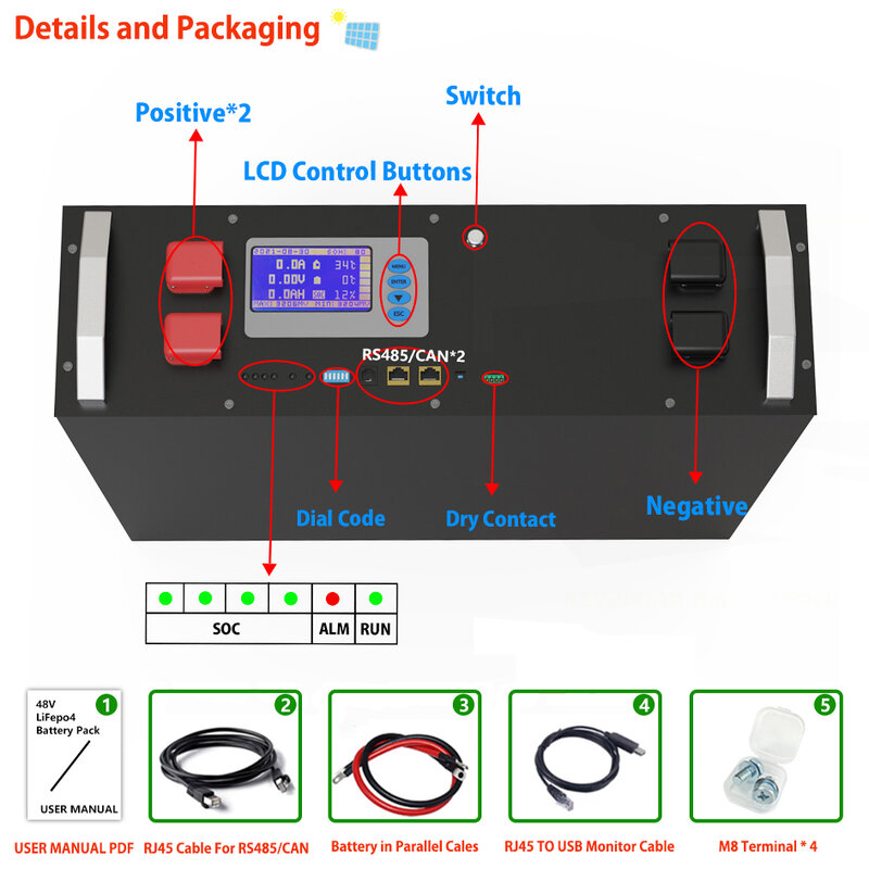 LiFePO4 48V 120Ah 100Ah 200Ah Battery Pack 16S 51.2V BMS 6000 Cycle 6144Wh Power 32pcs Parallel PC Monitor With RS485 CAN NO TAX