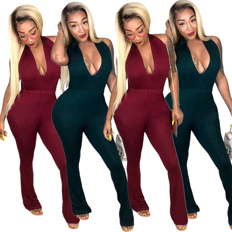 DN8148 Ladies Sexy Jumpsuit Summer New Solid Color Lace-Up Halter Deep V Backless Flared Pants Jumpsuit Women
