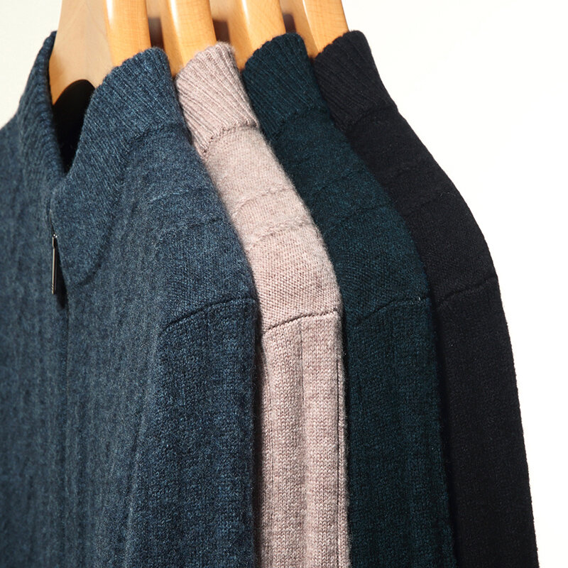 Suéter de lana pura para hombre, cárdigan con cremallera, chaqueta Coreana de cuello levantado, jacquard, grueso, Otoño e Invierno